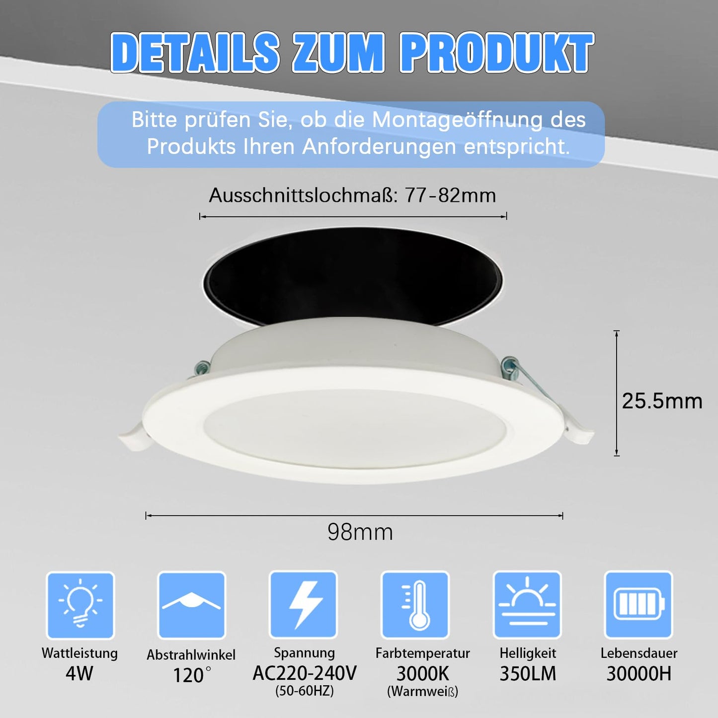 WeshLMPO LED Recessed Spotlights, 230 V, Flat Set of 6, 4 W Ceiling Spotlights