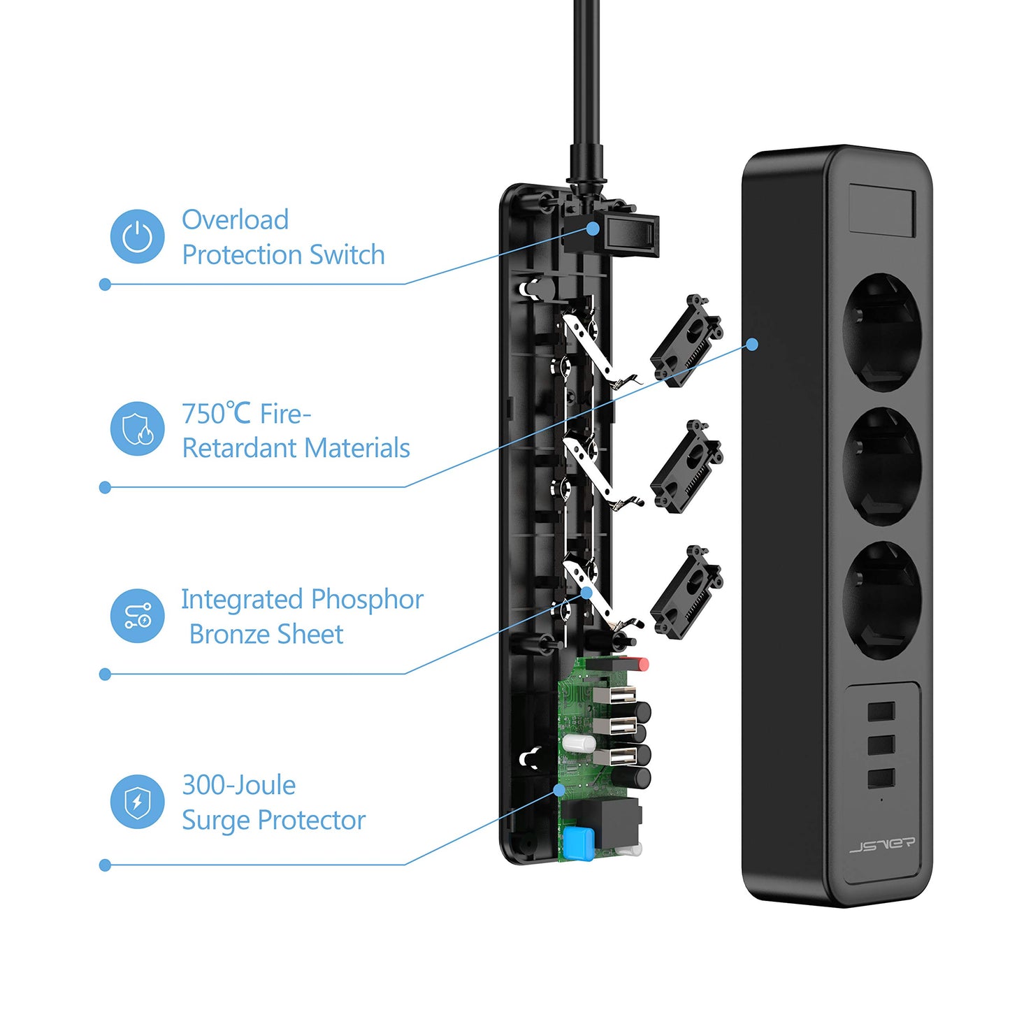 JSVER USB Power Strip 3 Sockets with 3 USB Ports Travel Charger (5V2.4A) 2M