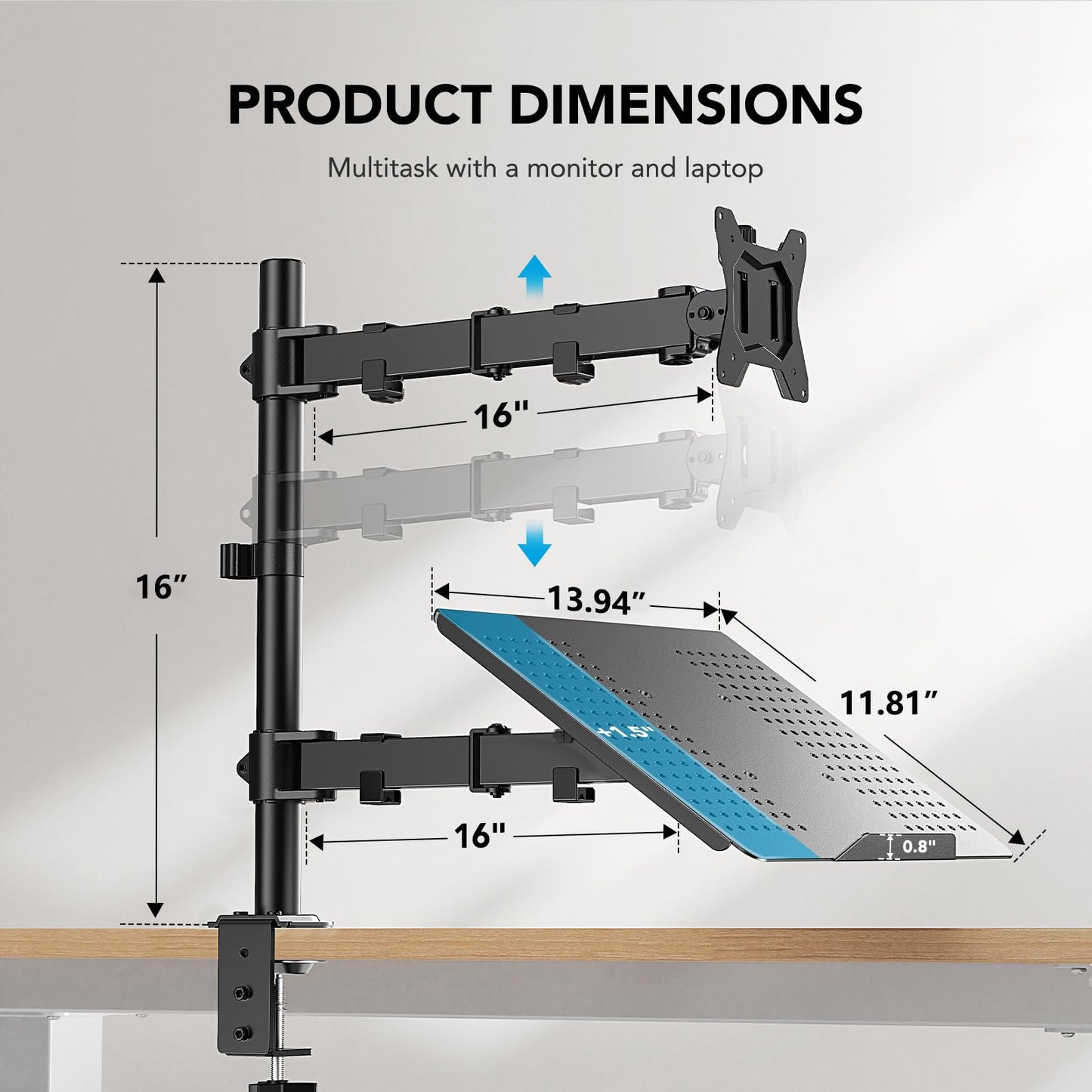 HUANUO Adjustable Monitor Stand, Single Arm Desk Mount for 32 inch Screen and 17 inch Laptop, Heavy Duty