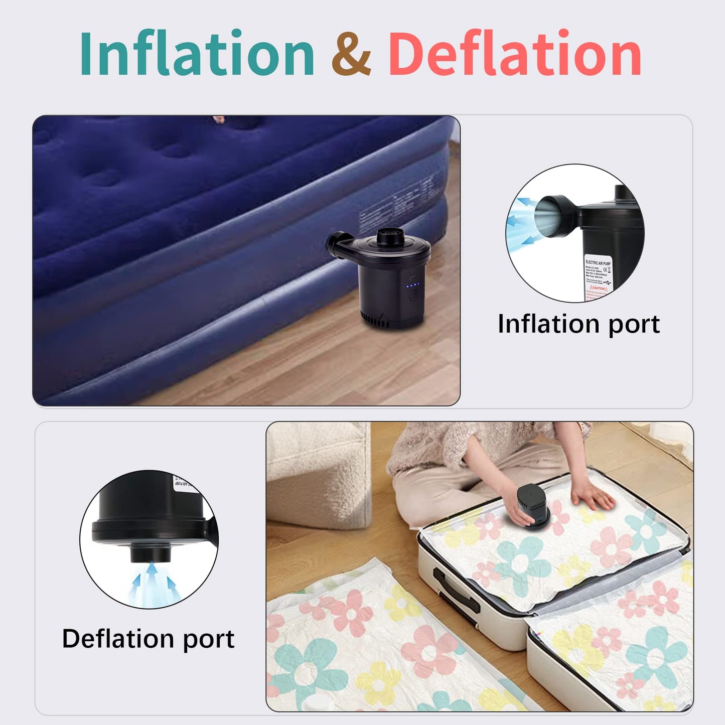 Electric Air Pump for Inflatables, 4000mAH Rechargeable Battery Powered Air Mattress Pump