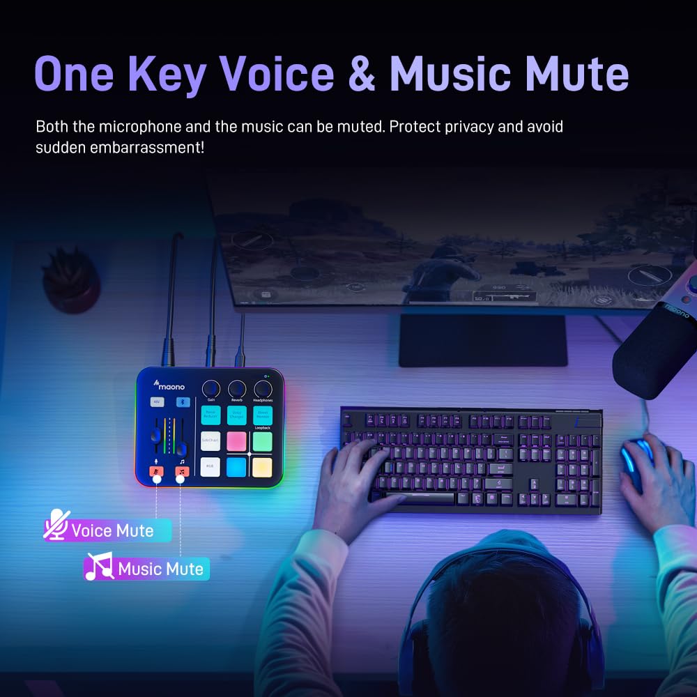 MAONO G1 NEO Gaming Audio Mixer, Audio Interface with Pro-preamp, RGB, Bluetooth, 48V Phantom Power