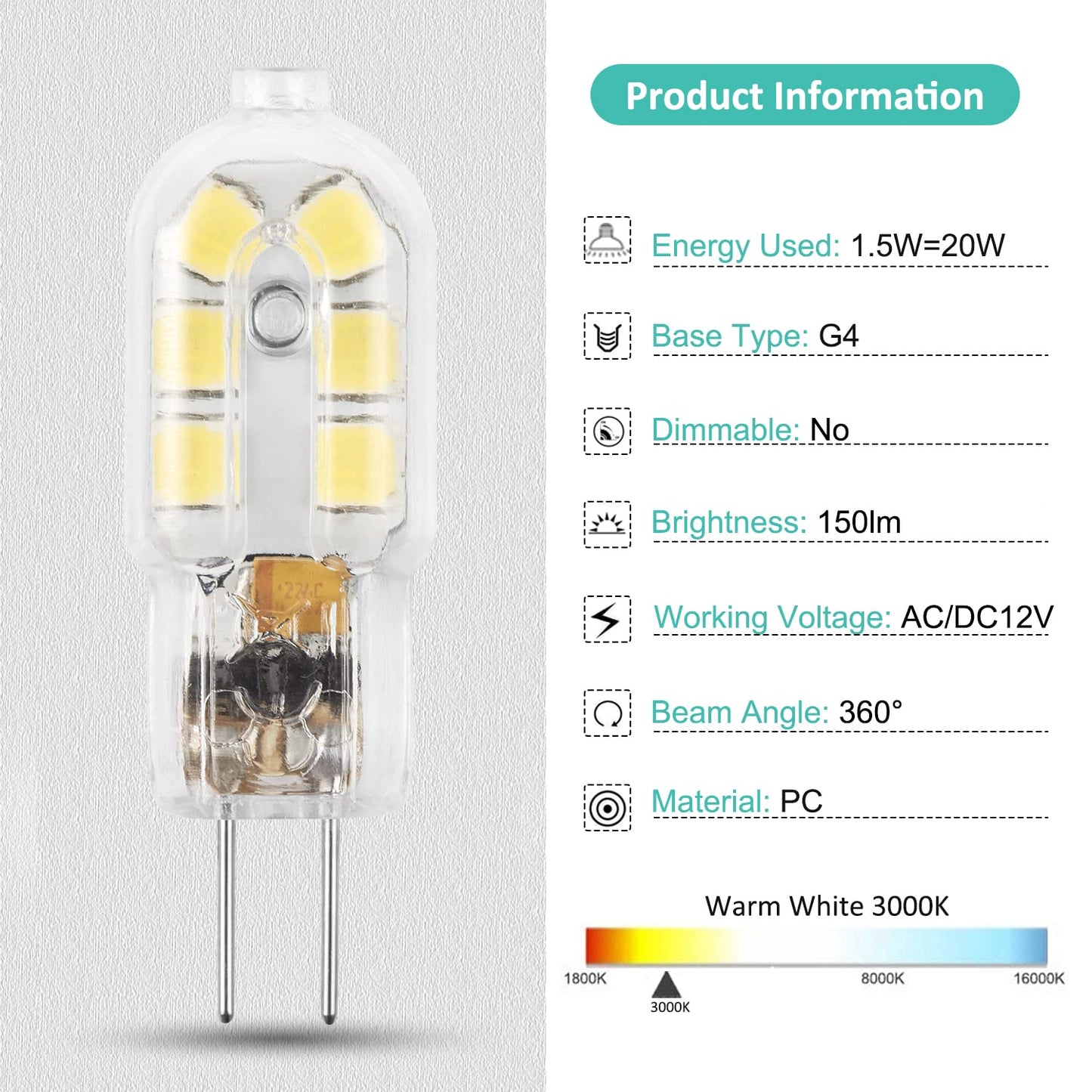 G4 LED Bulb, 12V Bi Pin 20W Halogen Bulb Replacement, NOT Dimmable, Warm White 3000K, 10-Pack