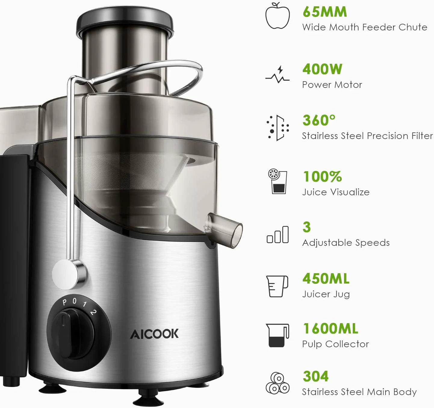 Aicook Juicer Extractor, Centrifugal Juicer 3'' Wide Mouth AMR526 400W