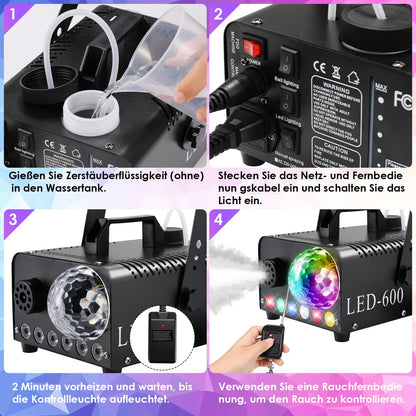 600W Smoke Machine, 6 LED RGB Effect Light Fog Machine with Disco Ball