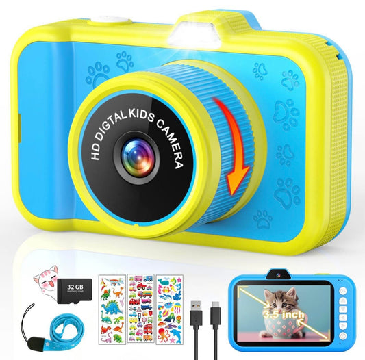 Kids Camera with Rotating Zoom Lens, 3.5” Large Screen, 1080P Kids Digital Camera with Flash,Selfie