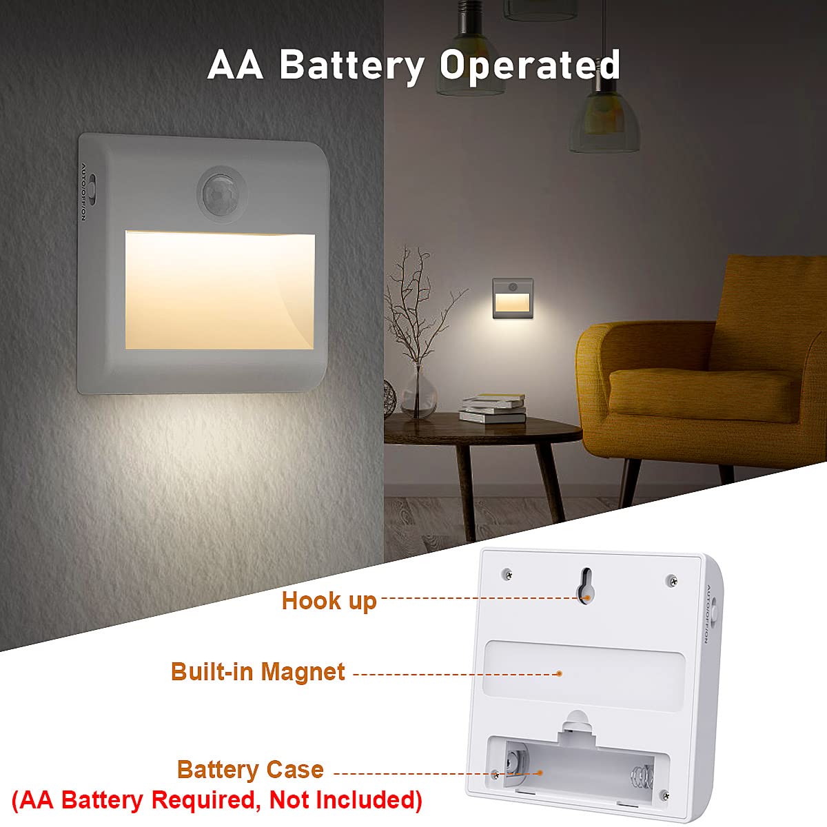Pupow LED Night Light Battery [Pack of 2] with Motion Sensor, AUTO/ON/OFF
