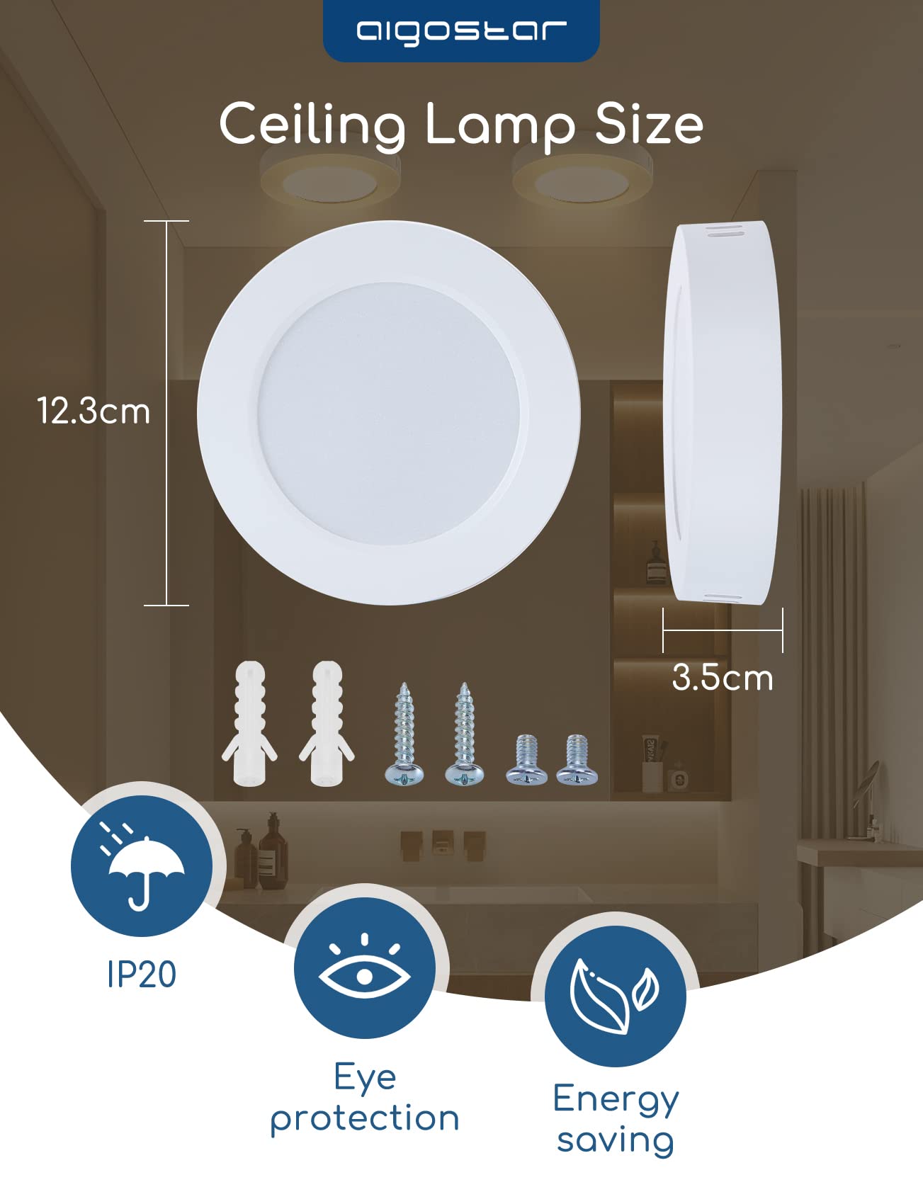 Aigostar LED Ceiling Light, 6W Equivalent to 51W Light Bulb, LED Ceiling Lights, 620 lm 2PCS
