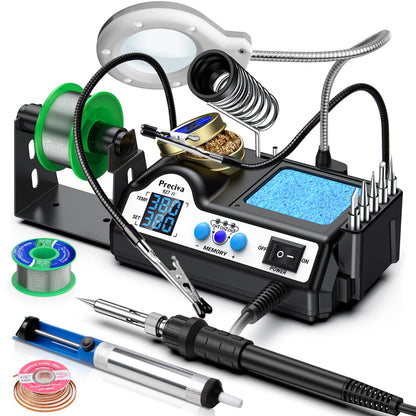Soldering Iron Kit, Preciva 927IV Solder Station with Magnifiers and 2 Helping Hands, 130W Dual LCD