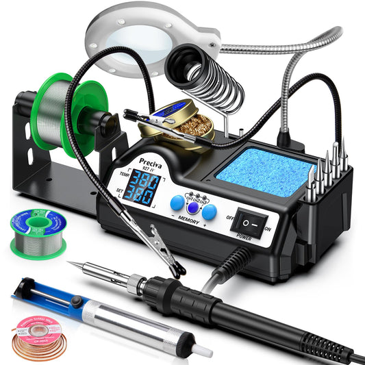 Soldering Iron Kit, Preciva 927IV Solder Station with Magnifiers and 2 Helping Hands, 130W Dual LCD