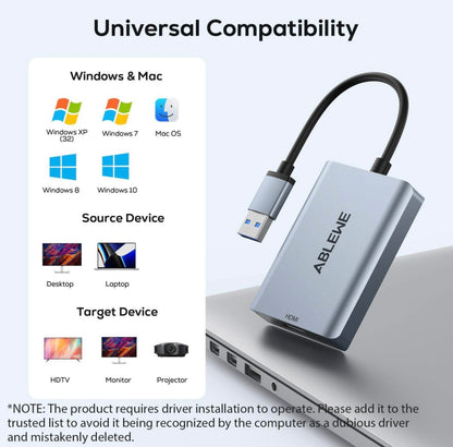 ABLEWE USB to HDMI Adapter, Upgraded Aluminum HDMI to USB 3.0