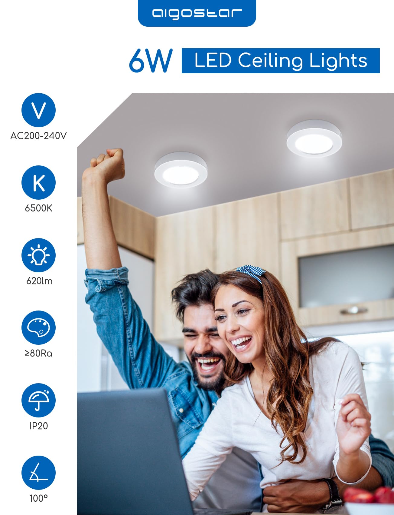 Aigostar LED Ceiling Light, 6W Equivalent to 51W Light Bulb, LED Ceiling Lights, 620 lm 2PCS