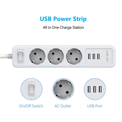JSVER Power Strip 3 Compartments with 3 USB Charging Ports, Multiple Socket 5 m Wall Mounting Power
