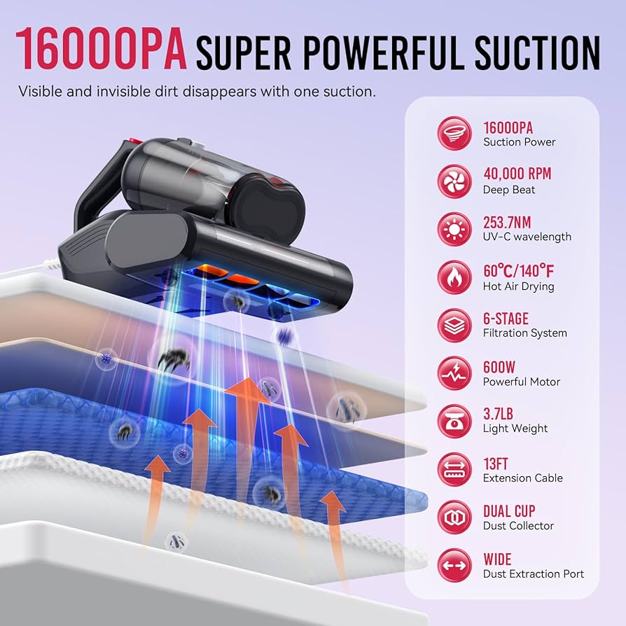 Bed Vacuum Cleaner with UV Light, 16Kpa Mattress Vacuum Cleaner
