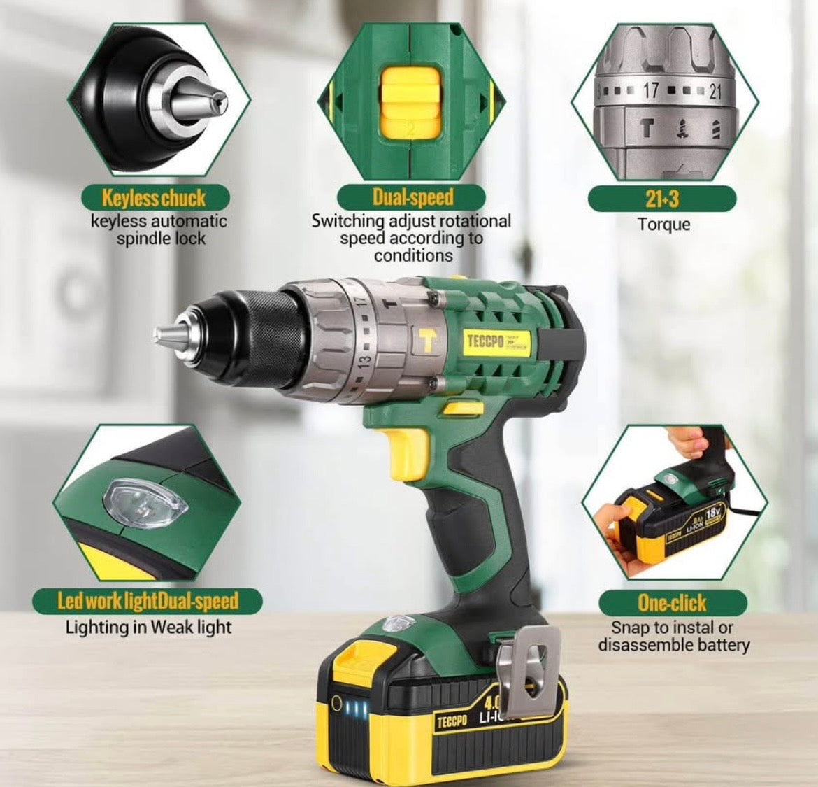 TECCPO 18V Battery Drill Driver 4.0Ah Lithium Battery with 4A Fast Charger, LED Light