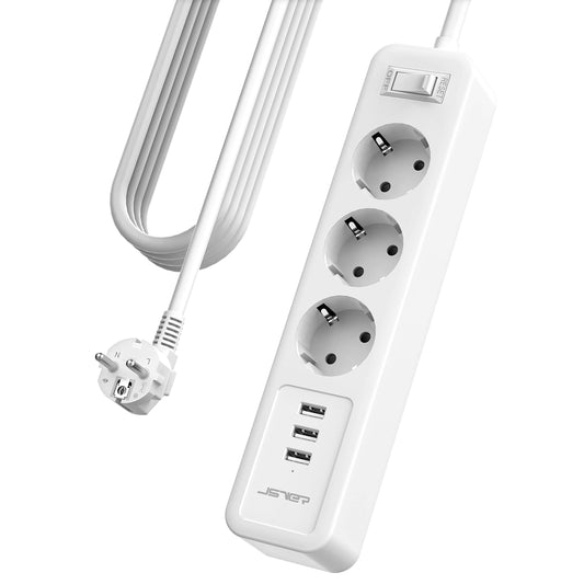 JSVER Power Strip 3 Compartments with 3 USB Charging Ports, Multiple Socket 5 m Wall Mounting Power