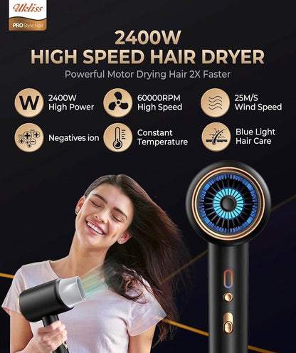 Ukliss Hair Dryer 2400W, Travel Hair Dryer with High Speed Motor 60000 RPM
