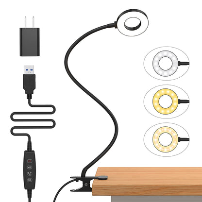 iZELL Desk Lamp, LED Reading Light with Clamp, 3 Color Modes & 10 Brightness Flexible Gooseneck Book black