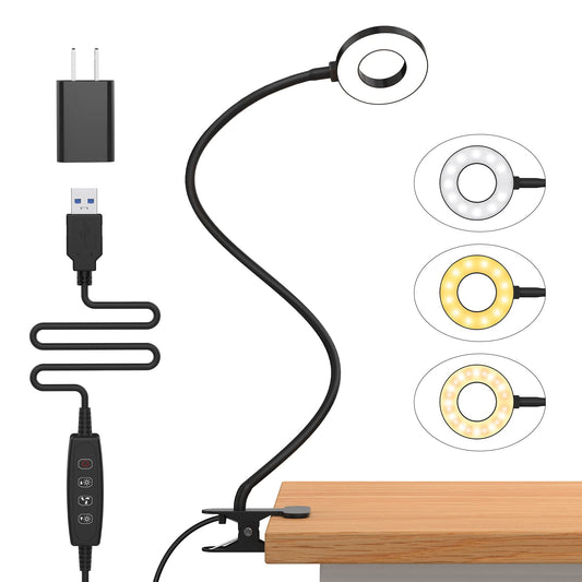 iZELL Desk Lamp, LED Reading Light with Clamp, 3 Color Modes & 10 Brightness Flexible Gooseneck Book black