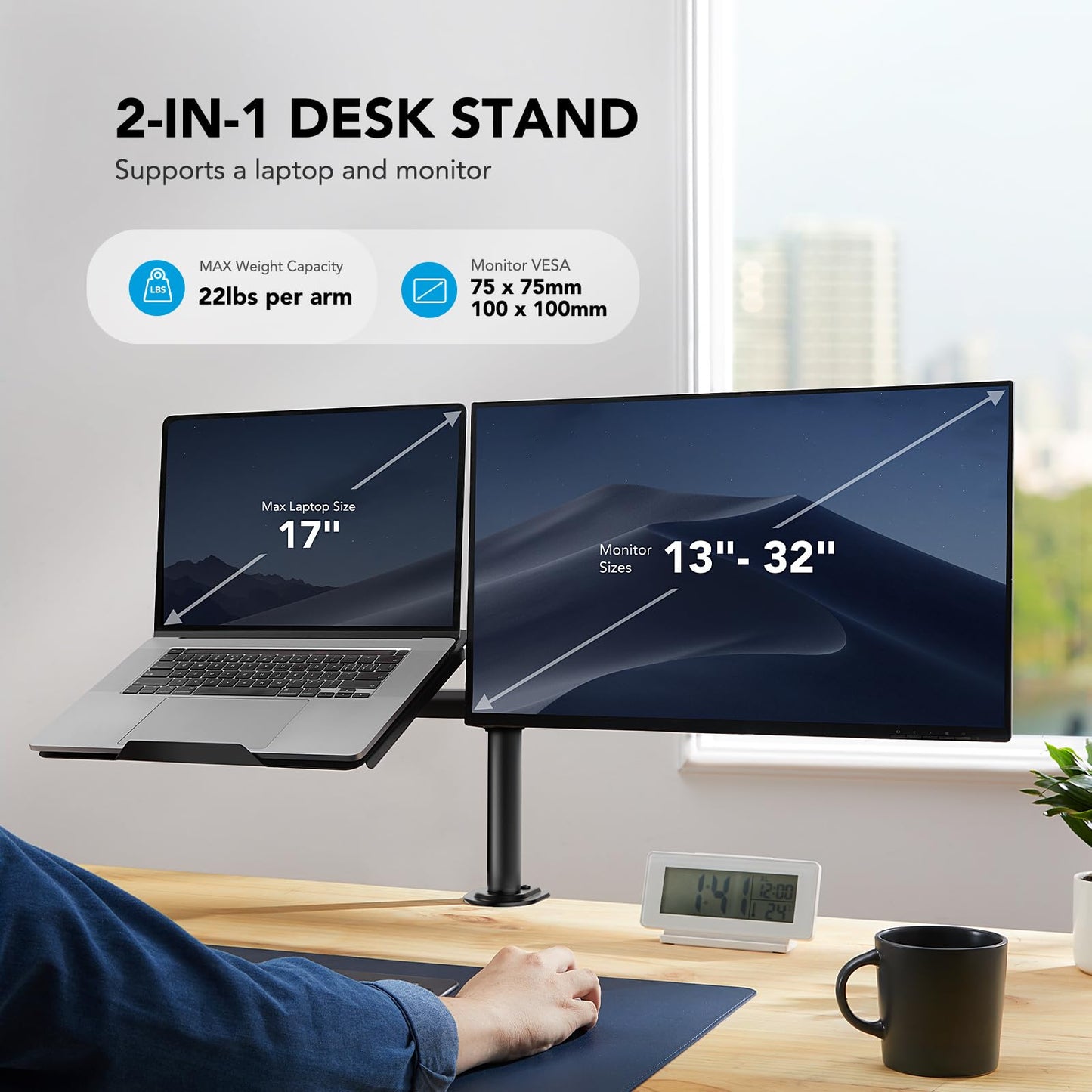 HUANUO Adjustable Monitor Stand, Single Arm Desk Mount for 32 inch Screen and 17 inch Laptop, Heavy Duty