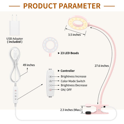 iZELL Desk Lamp, LED Reading Light with Clamp, 3 Color Modes & 10 Brightness Flexible Gooseneck pink