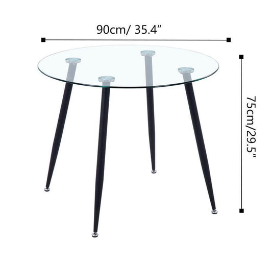 GOLDFAN Round Glass Dining Table with Black Metal Legs 90CM ONLY TABLE