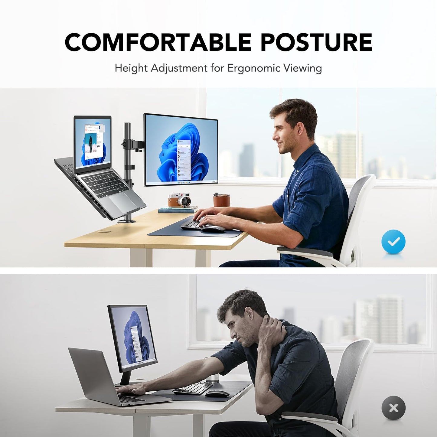 HUANUO Adjustable Monitor Stand, Single Arm Desk Mount for 32 inch Screen and 17 inch Laptop, Heavy Duty