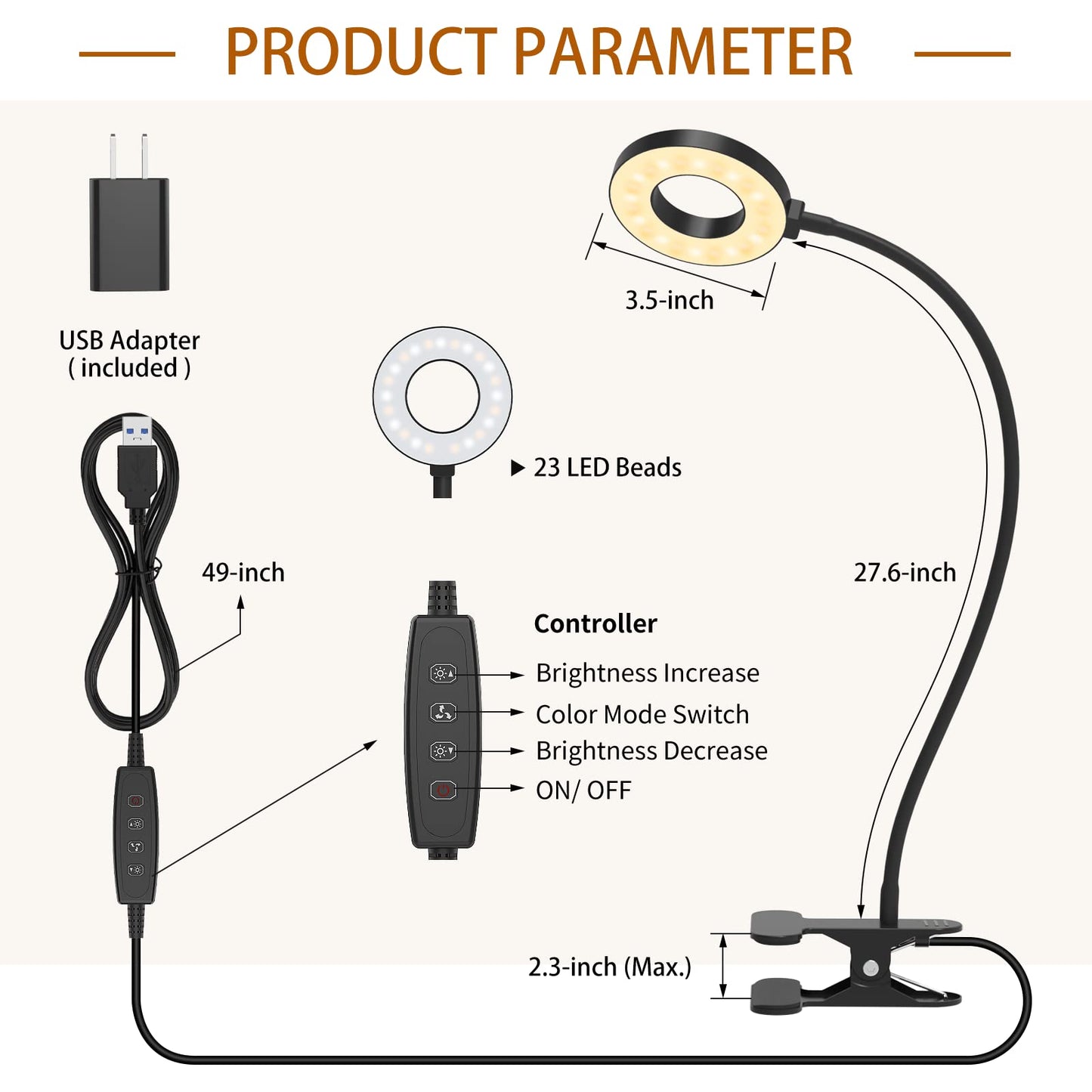iZELL Desk Lamp, LED Reading Light with Clamp, 3 Color Modes & 10 Brightness Flexible Gooseneck Book black
