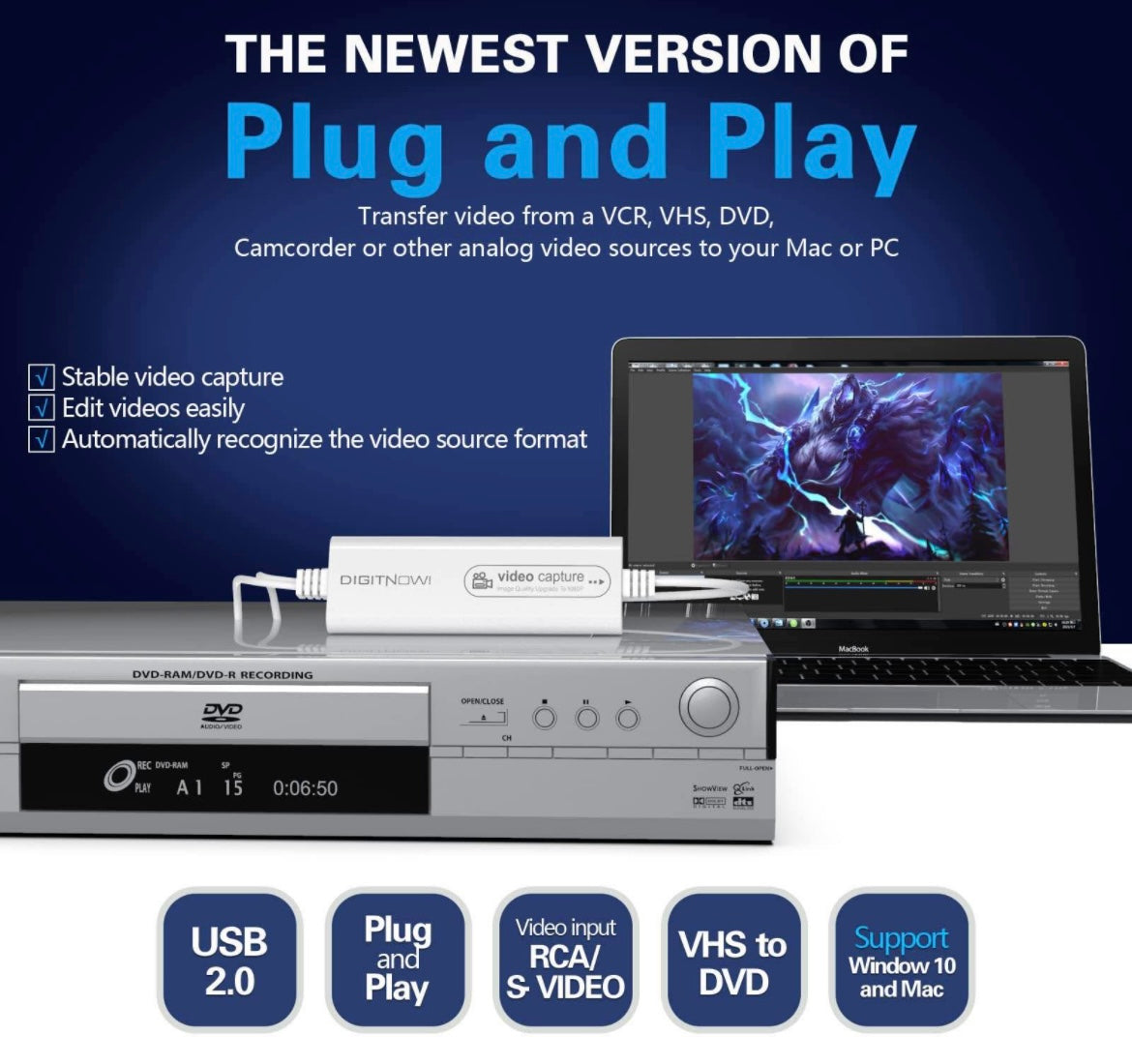 DIGITNOW! USB 2.0 Video Capture Card, VHS VCR TV to DVD Converter, Support for Mac OS X PC Windows 7