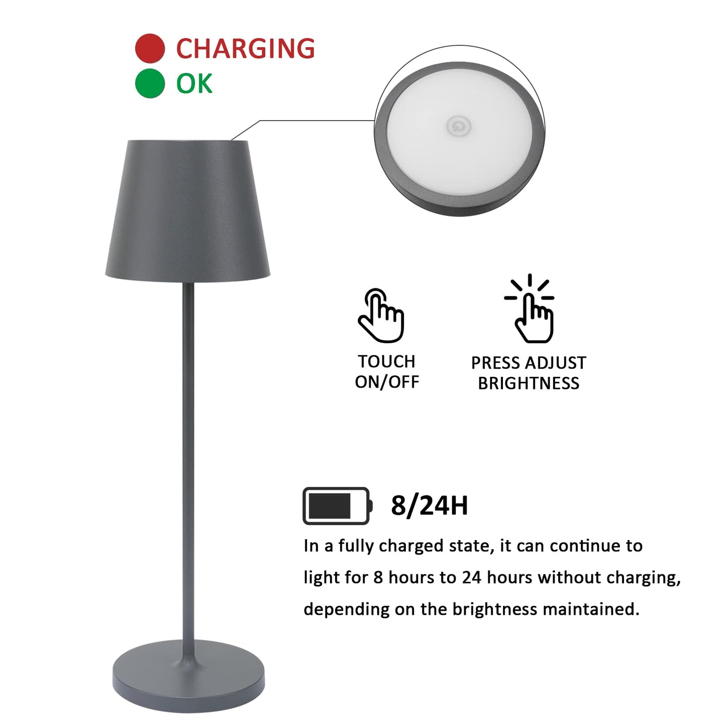 K-Bright LED Table Lamp with Contact Charging Base 2W 3000K Rechargeable IP54 Outdoor/Indoor Dark Grey