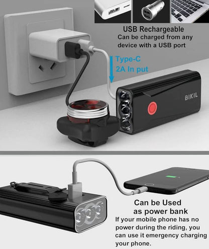 BIKIL Bike Lights Set Front and Back, USB C Rechargeable 6400 mAh Super Bright 2400 Lumen