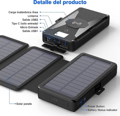 Bogseth Wireless Solar Power Bank 30000 mAh with 4 Solar Panels Solar Charger USB C