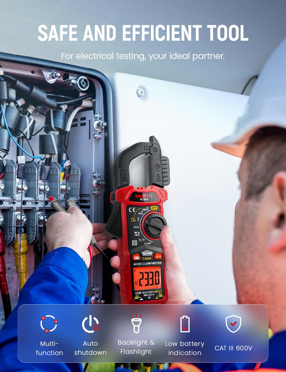 KAIWEETS Clamp Meter DC/AC current, Amp Meter Auto-ranging with D-Shaped Jaw, Clamp Multimeter Flash