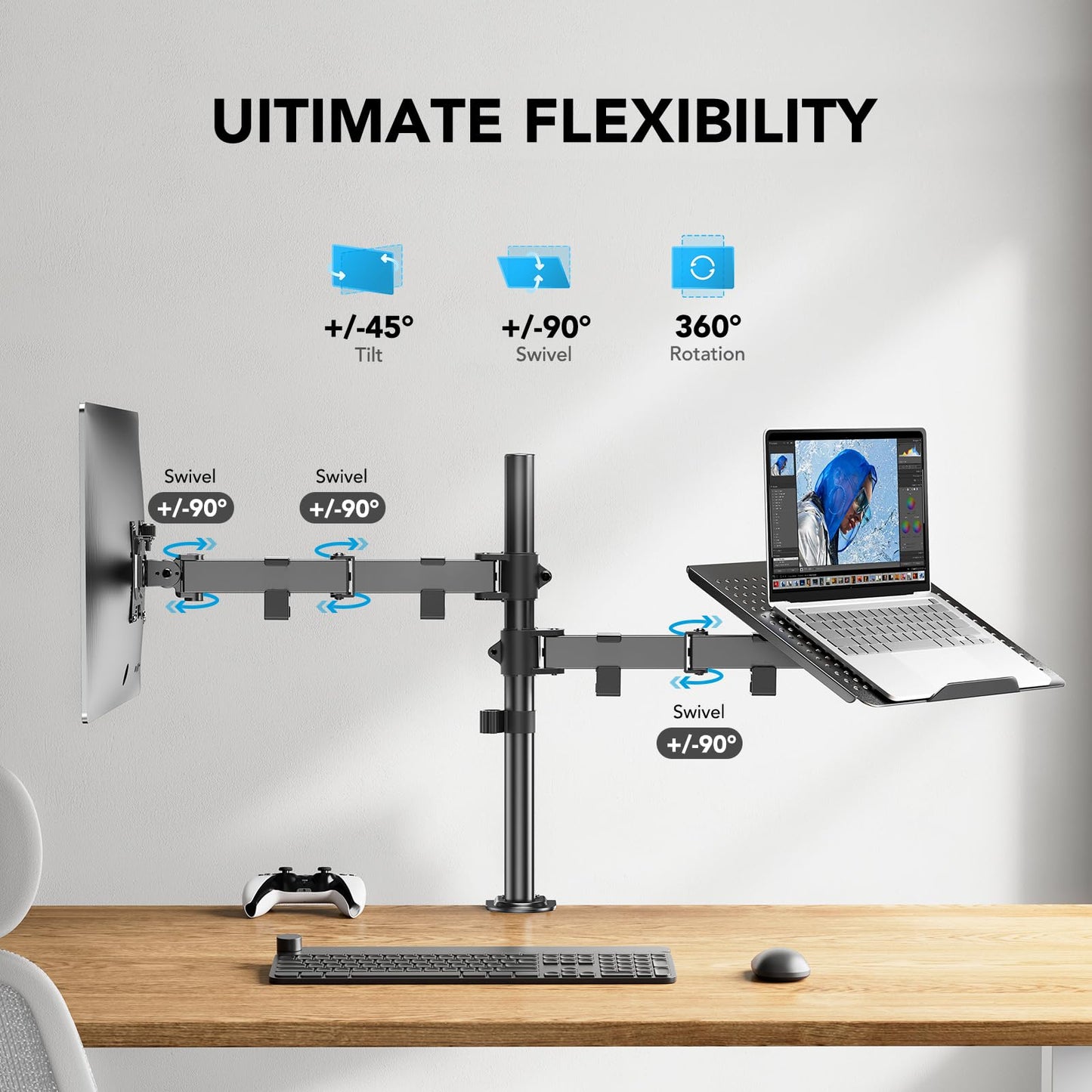 HUANUO Adjustable Monitor Stand, Single Arm Desk Mount for 32 inch Screen and 17 inch Laptop, Heavy Duty