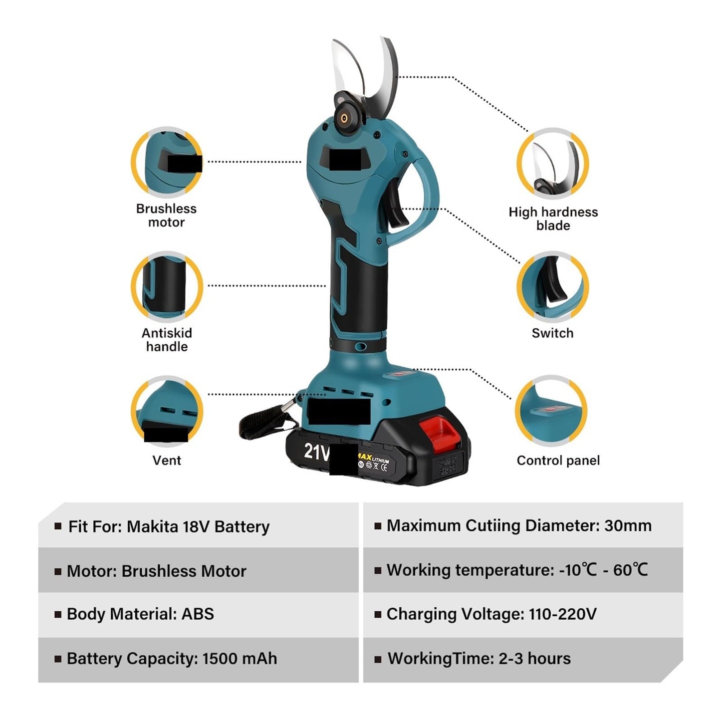 Tree Pruner, 1300W 30mm Brushless Electric Pruner Shear Cordless Rechargeable