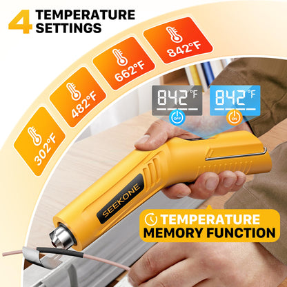 SEEKONE Cordless Mini Heat Gun with 4-Temp Settings (Up to 842°F/450°C) and Memory Function, 3.6V