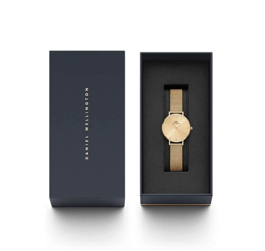 Gold Daniel Wellington Petite Unitone women's watch with a minimalist dial and a fine 36mm