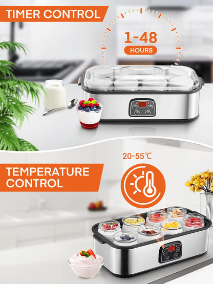 FOHERE 159B Yoghurt Maker, Greek Yoghurt Machine with 8 Jars/Lids