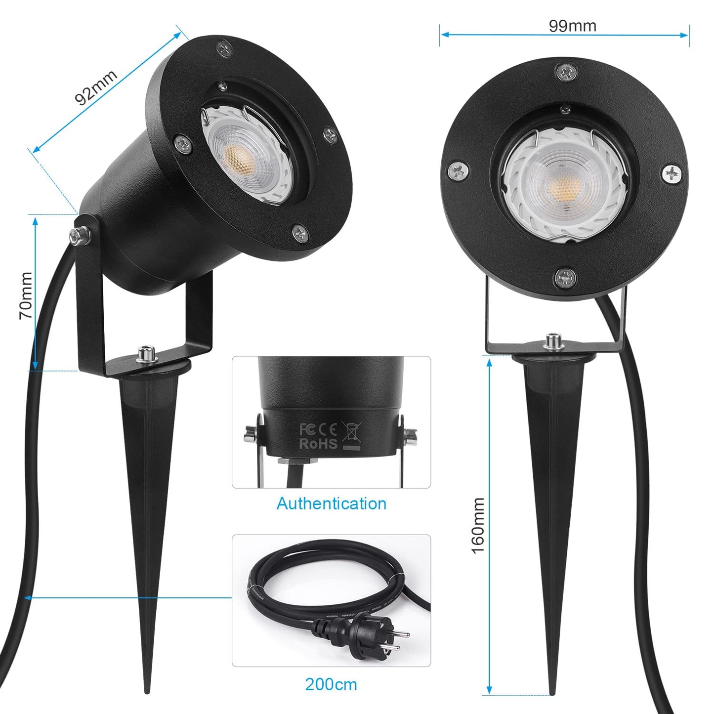 SanGlory Set of 2 Garden Lights with Ground Spike, GU10 LED 7 W with Plug, IP65 Waterproof