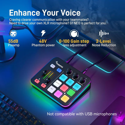 MAONO G1 NEO Gaming Audio Mixer, Audio Interface with Pro-preamp, RGB, Bluetooth, 48V Phantom Power