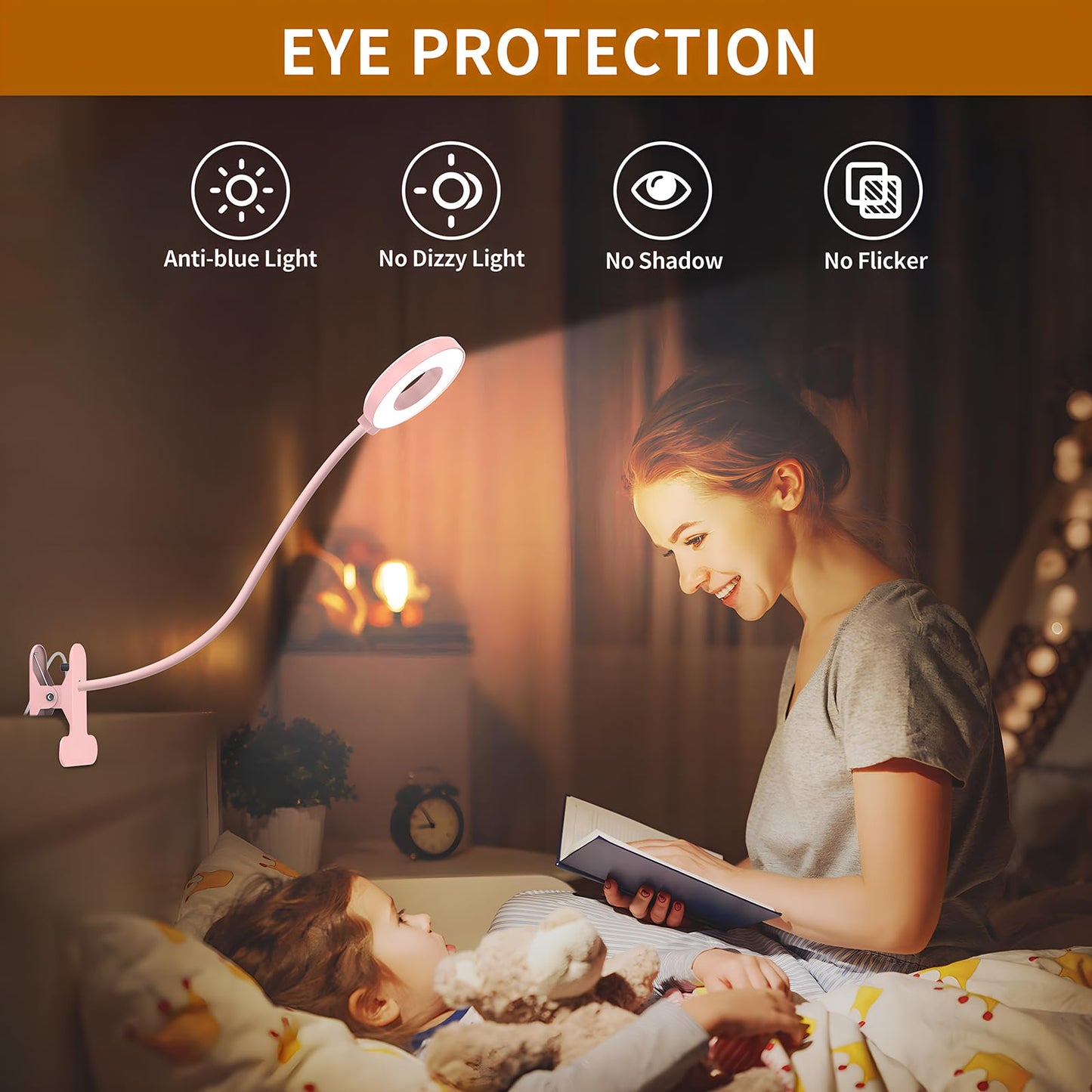 iZELL Desk Lamp, LED Reading Light with Clamp, 3 Color Modes & 10 Brightness Flexible Gooseneck pink