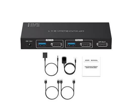 2x1 DP KVM Switch With USB Cable DC12V Power Adapter & External Switch Kit