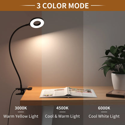 iZELL Desk Lamp, LED Reading Light with Clamp, 3 Color Modes & 10 Brightness Flexible Gooseneck Book black