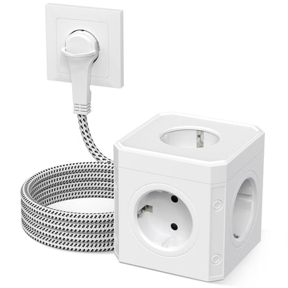 Multiple Power Strip, 5-Way Power Strip, Multiple Sockets with Flat Plug, 3 m Cable, White