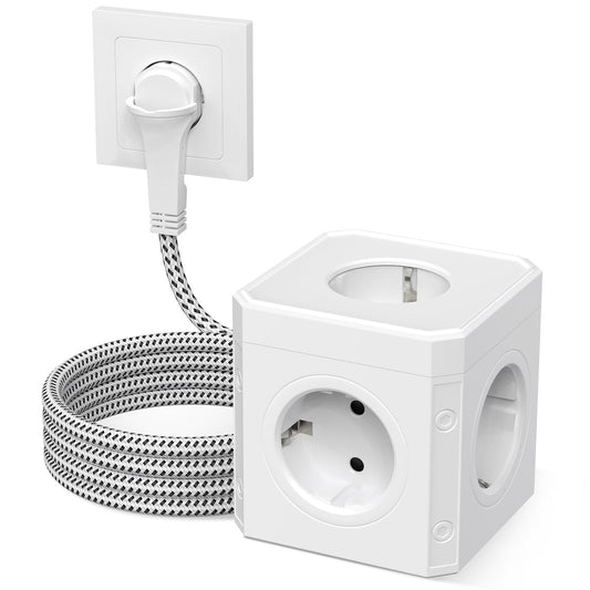 Multiple Power Strip, 5-Way Power Strip, Multiple Sockets with Flat Plug, 3 m Cable, White