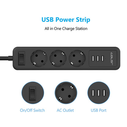 JSVER USB Power Strip 3 Sockets with 3 USB Ports Travel Charger (5V2.4A) 2M