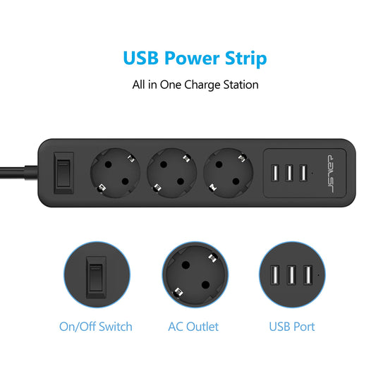 JSVER USB Power Strip 3 Sockets with 3 USB Ports Travel Charger (5V2.4A) 2M
