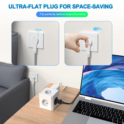 Multiple Power Strip, 5-Way Power Strip, Multiple Sockets with Flat Plug, 3 m Cable, White