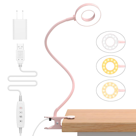 iZELL Desk Lamp, LED Reading Light with Clamp, 3 Color Modes & 10 Brightness Flexible Gooseneck pink