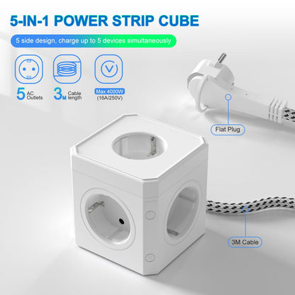 Multiple Power Strip, 5-Way Power Strip, Multiple Sockets with Flat Plug, 3 m Cable, White