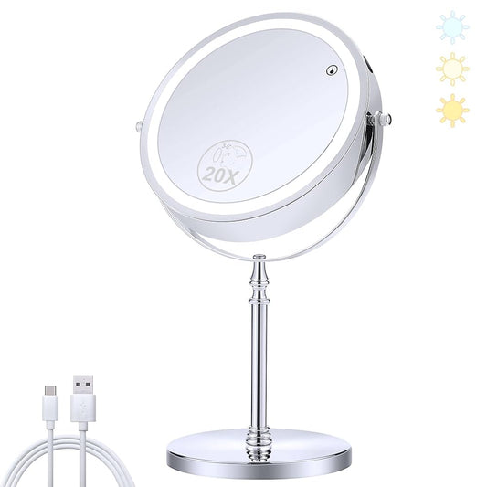 MAKEUP mirror, 20X magnifying mirror with light, double-sided makeup mirror